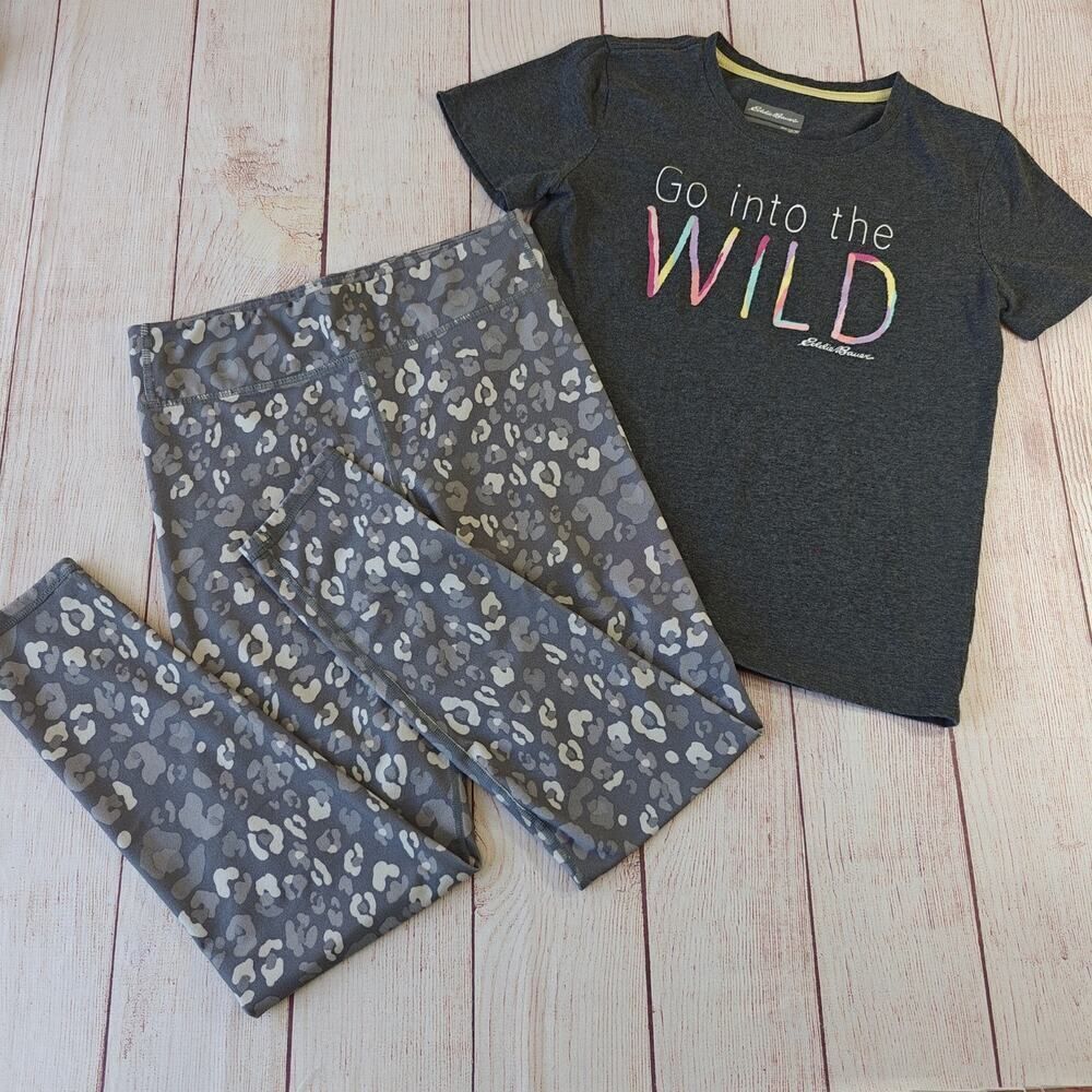 Eddie Bauer gray graphic tee & leopard legging set sz L (14/16)